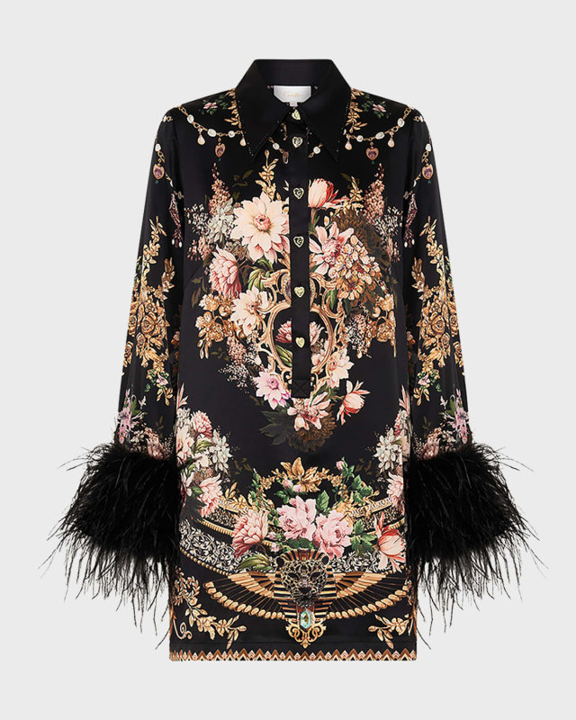 Dynasty Daze Silk Mini Shirtdress with Feathers